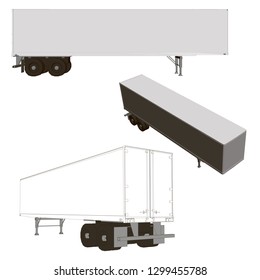 Set with trailers. Semi-trailers in different positions. Side view and isometry. Vector illustration.