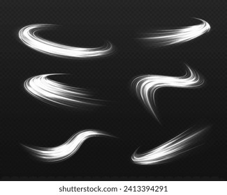 Set of trails of comet. Luminous lines on transparent background. High-speed light trails effect. Shiny wavy comets with light effect.