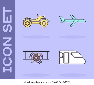 Establecer tren, todo vehículo terrestre o motocicleta ATV, plano antiguo retro vintage e icono Plano. Vector
