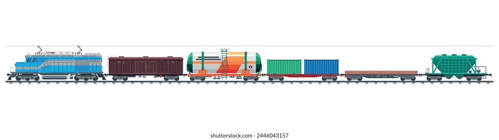 Satz von Eisenbahngüterwagen, Zisternen, Tanks und Autos. Kollektion des Schienengüterverkehrs. Flachwagen, Güterwagen, Kutsche. Industrie und Gewerbe-Wagen, Seitenansicht. Schienengüterverkehr. flache Vektorillustration