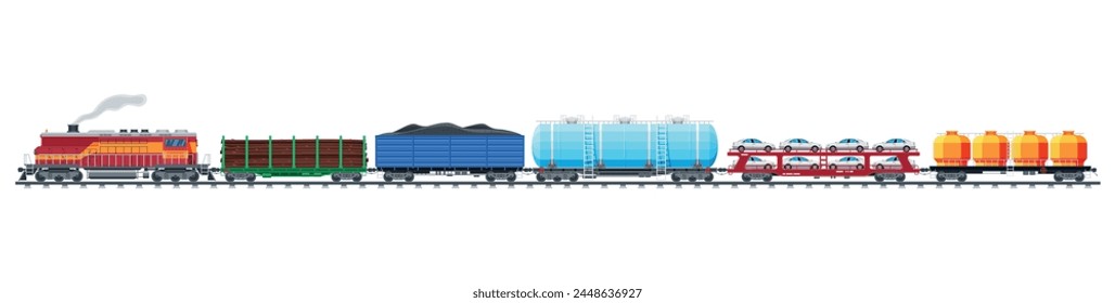 Set of train cargo wagons, cisterns, tanks and cars. Railroad freight collection. Flatcar, boxcar, car carriage. Industrial carriages, side view. Cargo rail transportation. Flat vector illustration