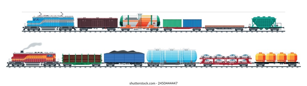 Satz von Eisenbahngüterwagen, Zisternen, Tanks und Autos. Kollektion des Schienengüterverkehrs. Flachwagen, Güterwagen, Kutsche. Industrie und Gewerbe-Wagen, Seitenansicht. Schienengüterverkehr. flache Vektorillustration