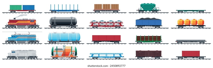 Set of train cargo wagons, cisterns, tanks and cars. Railroad freight collection. Flatcar, boxcar, car carriage. Industrial carriages, side view. Cargo rail transportation. Flat vector illustration