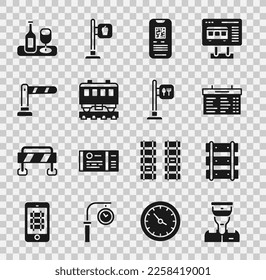 Colocar el conductor del tren, el ferrocarril, la vía férrea, el tablero de la estación, el tren con billete electrónico, los coches de pasajeros, la barrera, la botella de vino con vidrio y el Café y el icono de la ubicación del restaurante. Vector