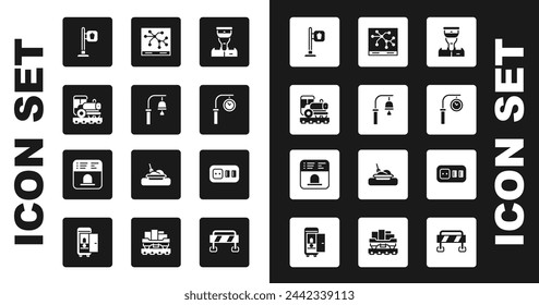 Set Train conductor, station bell, Vintage locomotive, Cafe and restaurant location, clock, Railway map, Electrical outlet and Ticket office buy tickets icon. Vector