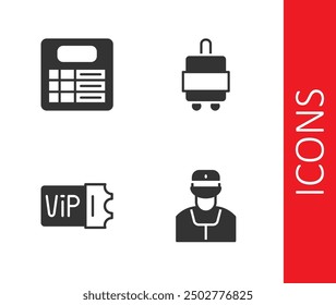 Set Train conductor, station board, ticket and Suitcase icon. Vector