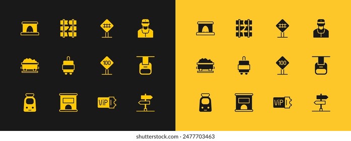 Set Conductor de tren, Taquilla para comprar billetes, Señal de tráfico de límite de velocidad 100 km, Maleta, Cruce de ferrocarril, Túnel de ferrocarril e Icono de ferrocarril roto. Vector