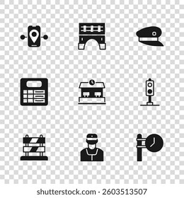 Set Train conductor, traffic light, station clock, Railway, driver hat, Route location, Bridge for train and board icon. Vector
