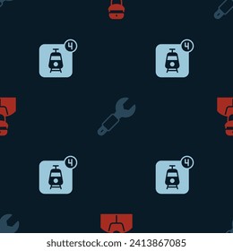 Set Train conductor, Wrench spanner and Online ticket booking on seamless pattern. Vector