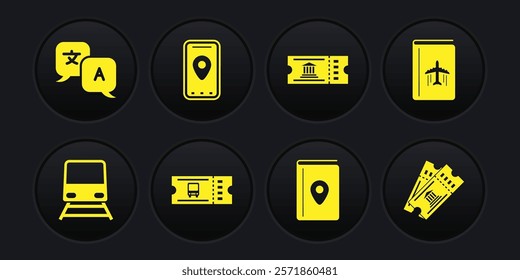 Set Train, Cover book travel guide, Bus ticket, Museum, Infographic of city map,  and Translator icon. Vector