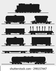 Set of train and different types of freight wagons. Detailed isolated vector illustration.