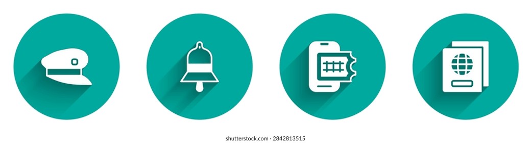 Set Train driver hat, station bell, Online ticket booking and Passport icon with long shadow. Vector