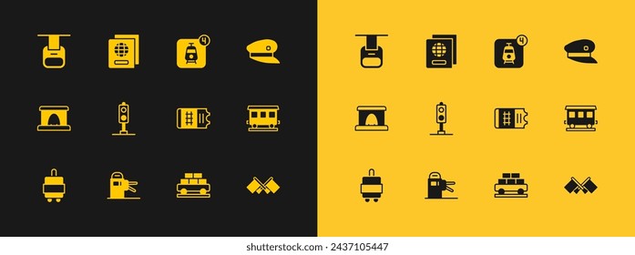Set Train driver hat, Turnstile, ticket, Cargo train wagon, traffic light, Online booking, Cable car and Passport icon. Vector