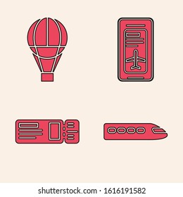 Set Train, Hot air balloon, Smartphone with electronic boarding pass airline ticket and Travel ticket icon. Vector
