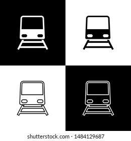 Set Train icon isolated on black and white background. Public transportation symbol. Subway train transport. Metro underground.  Vector Illustration