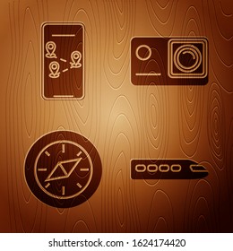 Set Train, Infographic of city map navigation, Compass and Action extreme camera on wooden background. Vector