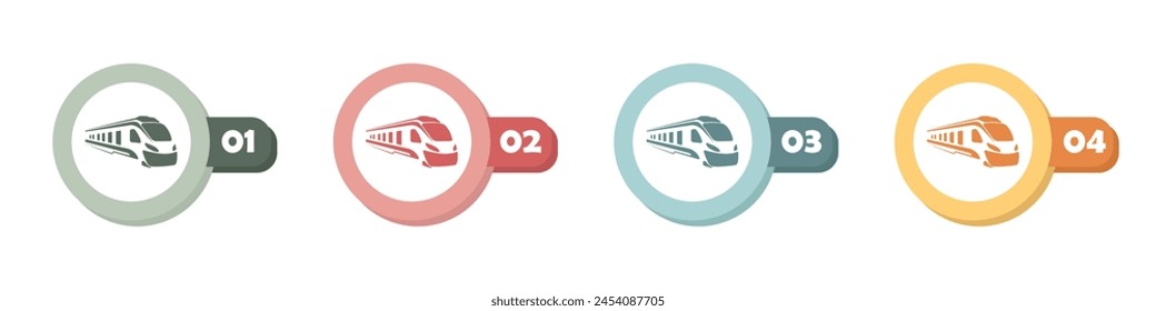 Set of train logo vector. Color railway icon collection. Set of stylish buttons with trains. Modern transport logo. Train icon set. Vector illustration.