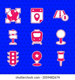 Set Train, Map pointer with star, Push pin, Traffic light, Road traffic sign, Toll road and World globe compass icon. Vector