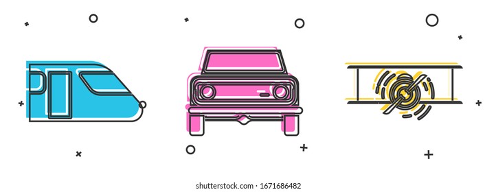 Ajuste el tren, el camión fuera de la carretera y el viejo avión retro vintage. Vector