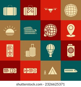 Set Train, Passport with ticket, Map pin, Drone flying action video camera, Coliseum Rome, Italy, Sunset, Suitcase for travel and Globe plane icon. Vector