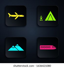 Set Train, Plane, Mountains and Tourist tent with wood fire. Black square button. Vector