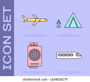 Set Train, Plane, Passport with ticket and Tourist tent with wood fire icon. Vector