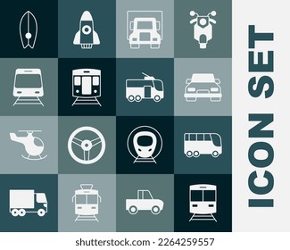 Fijar el icono del tren, el autobús, el automóvil, el camión de carga de transporte, la tabla de surf y el trolebús. Vector