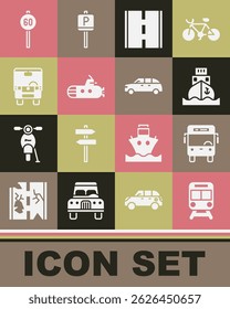 Set Zug und Bahn, Bus, Frachtschiff, Straße, U-Boot, Geschwindigkeitsbegrenzung Verkehr und Hatchback Auto-Symbol. Vektorgrafik