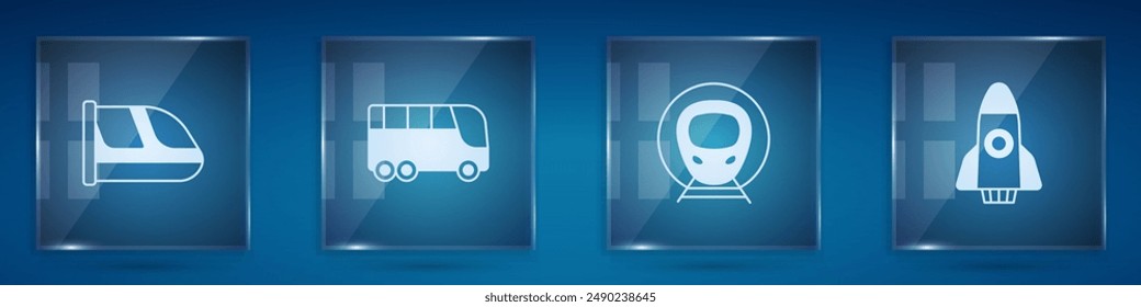 Set Zug und Bahn, Bus und Raketenschiff. Quadratische Glasscheiben. Vektorgrafik