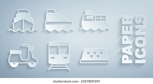 Set Train and railway, Cargo ship with boxes delivery, Scooter, Taxi car roof, Cruise and  icon. Vector