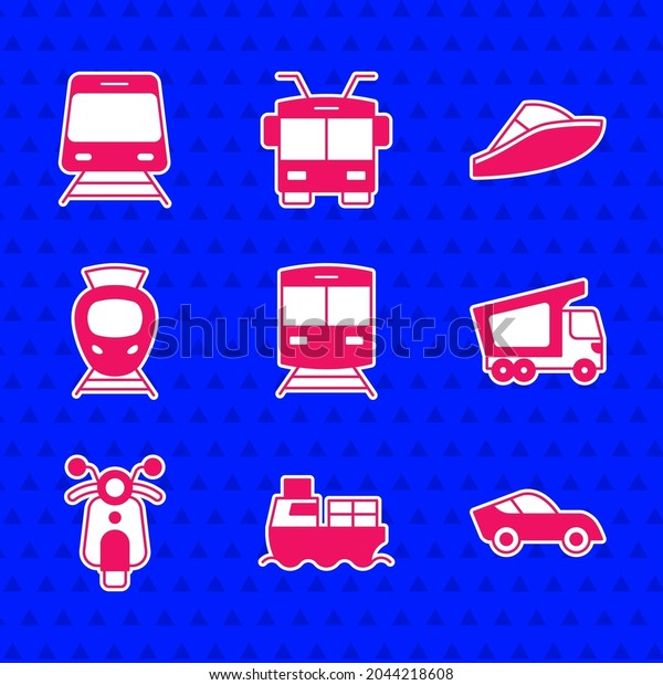 Set\
Train and railway, Cargo ship with boxes delivery, Delivery cargo\
truck, Scooter, Tram, Speedboat and  icon.\
Vector