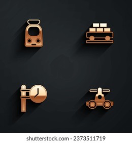 Set Train and railway, Cargo train wagon, station clock and Handcar transportation icon with long shadow. Vector