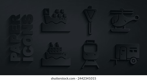 Set Train and railway, Helicopter, Cruise ship, Rv Camping trailer, Road traffic signpost and Cargo with boxes icon. Vector