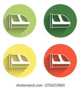 Set Zug- und Eisenbahnsymbol einzeln auf langem Schattenhintergrund. Symbol für öffentliche Verkehrsmittel. U-Bahn-Zugverkehr. U-Bahn unterirdisch. Farbkreis-Taste. Vektorgrafik