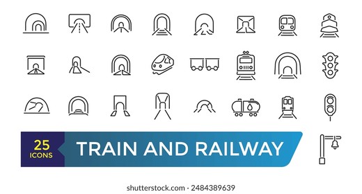 Set of train and railway Icons. Collection and pack of linear web and ui icons. Editable stroke. Vector illustration.