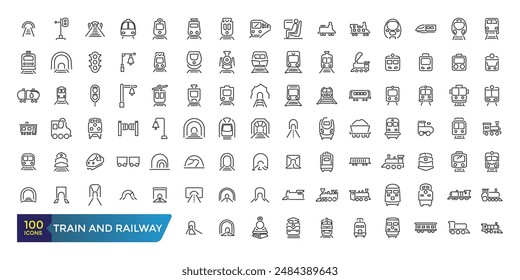 Set of train and railway Icons. Collection and pack of linear web and ui icons. Editable stroke. Vector illustration.