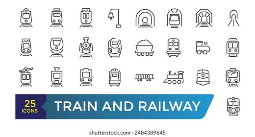 Set of train and railway Icons. Collection and pack of linear web and ui icons. Editable stroke. Vector illustration.