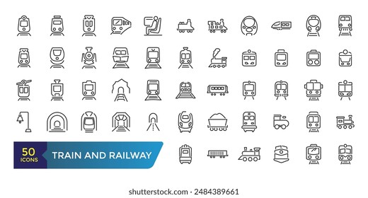 Set of train and railway Icons. Collection and pack of linear web and ui icons. Editable stroke. Vector illustration.