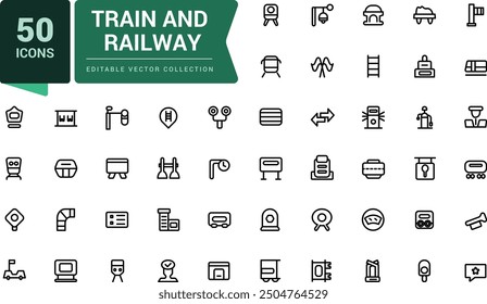 Set of train and railway icons. Collection and pack of linear web and UI icons. Editable stroke. Pixel perfect, minimalistic web and UI icon. Vector illustration.