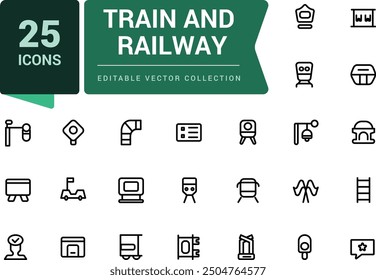 Set of train and railway icons. Collection and pack of linear web and UI icons. Editable stroke. Pixel perfect, minimalistic web and UI icon. Vector illustration.