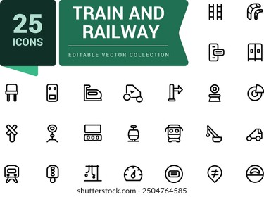Set of train and railway icons. Collection and pack of linear web and UI icons. Editable stroke. Pixel perfect, minimalistic web and UI icon. Vector illustration.