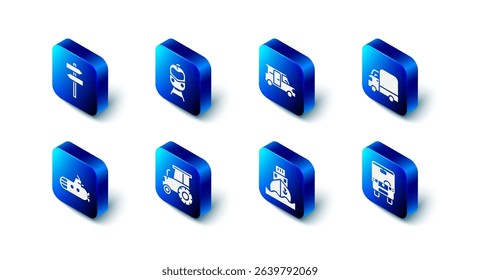 Set Train and railway, Minibus, Delivery cargo truck, Bus, Cargo ship, Tractor, Submarine and Road traffic signpost icon. Vector