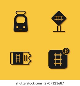 Set Train and railway, Online ticket booking,  and Railroad crossing icon with long shadow. Vector