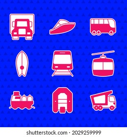 Set Train and railway, Rafting boat, Delivery cargo truck, Cable, Oil tanker ship, Surfboard, Bus and  icon. Vector