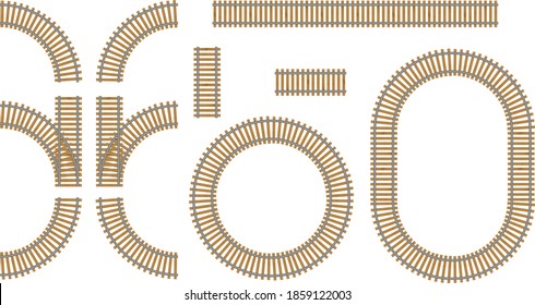 Set of train railway road constructor. Connectable rails elements. Top View Position. Stock vector illustration elements of railway road on white isolated background. 