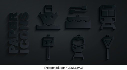 Set Train and railway, Road traffic signpost, Boat with oars and Cargo ship icon. Vector