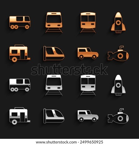 Set Train and railway, Rocket ship, Submarine, Car, Rv Camping trailer, Bus and  icon. Vector