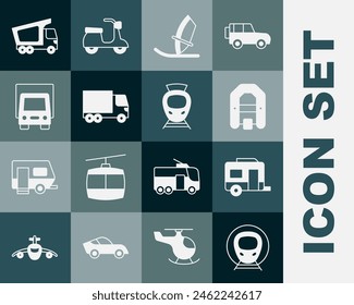 Set Train and railway, Rv Camping trailer, Rafting boat, Windsurfing, Delivery cargo truck,  and Tram icon. Vector