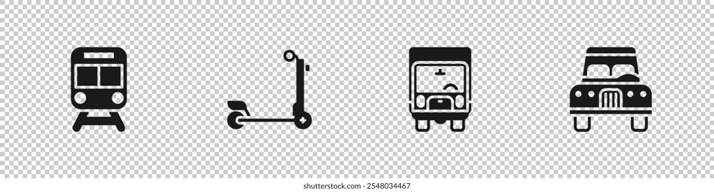 Conjunto de tren y ferrocarril, scooter, camión de carga de entrega e icono de coche. Vector