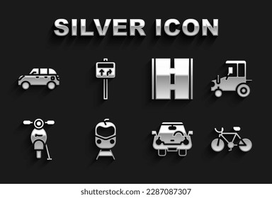 Set Train and railway, Tractor, Bicycle, Car, Scooter, Road, Hatchback car and traffic signpost icon. Vector